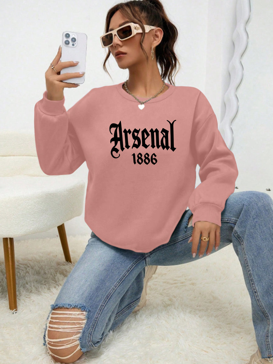 2025 Autumn And Winter Women'S Fashionable Casual Loose Round-Neck Printed Sweatshirt, Featuring a Design with The Arsenal 1886 Letter Pattern, Easy And Versatile Style, Made of 100% Fabric, Machine Washable - pink color