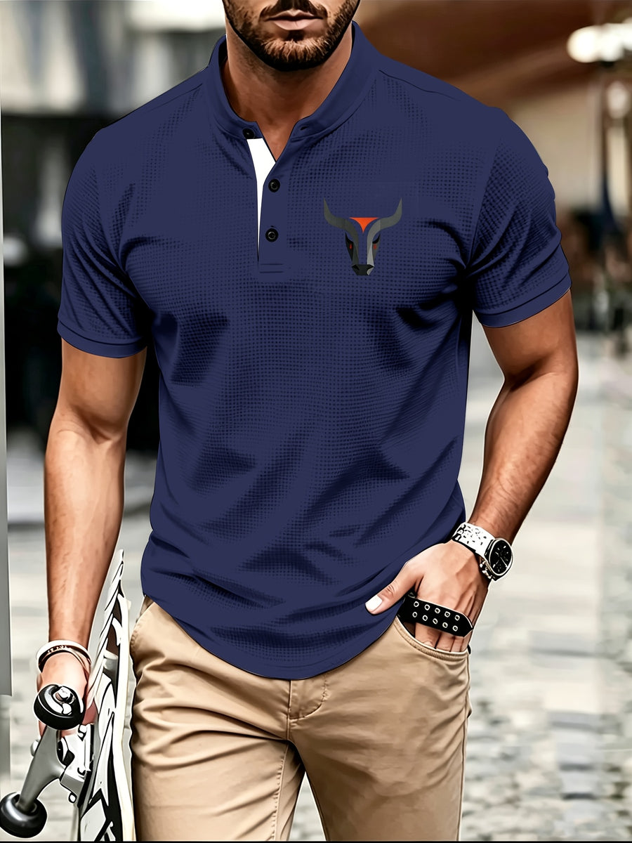 Summer Casual Fashion Men's Short-Sleeve Henley T-Shirt, Outdoor Leisure Work Running Comfortable European and American Trendy Versatile Men's Casual Shirt, Minimalist Outdoor Breathable Training Casual Men's Versatile Polo Shirt - Navy Color