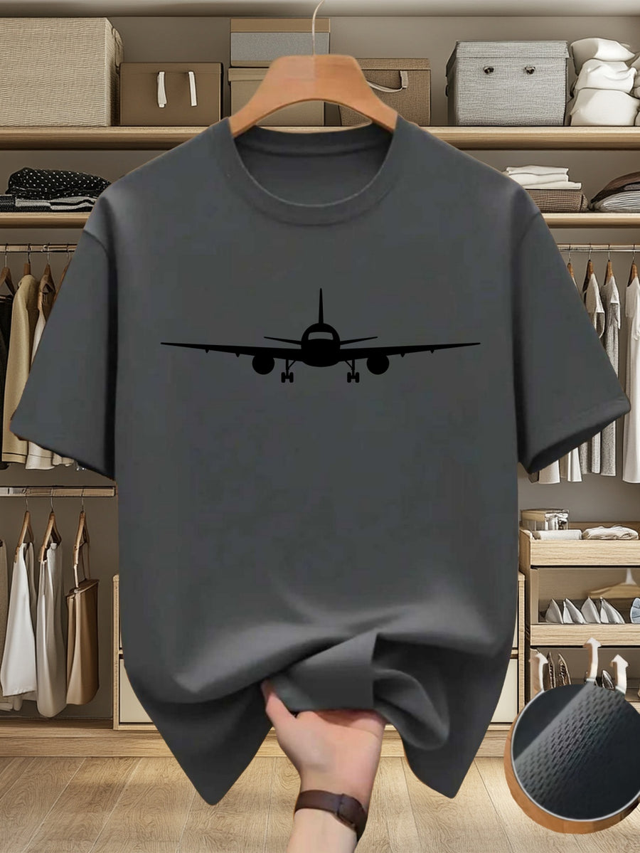Men's Breathable Quick-Dry T-Shirt, Casual Sporty Minimalist Design, Versatile Black Airplane Graphic, Suitable for Fitness, Running, Daily Wear, Home, and Travel - Grey