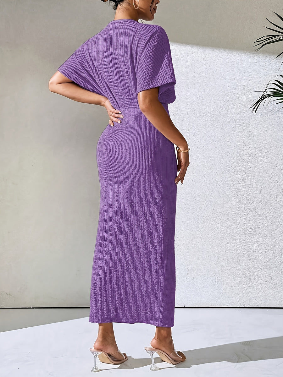 YY0514056 Textured Short Sleeve Batwing Maxi Dress, V-Neck Ruched Elegant Long Gown - Dark Violet