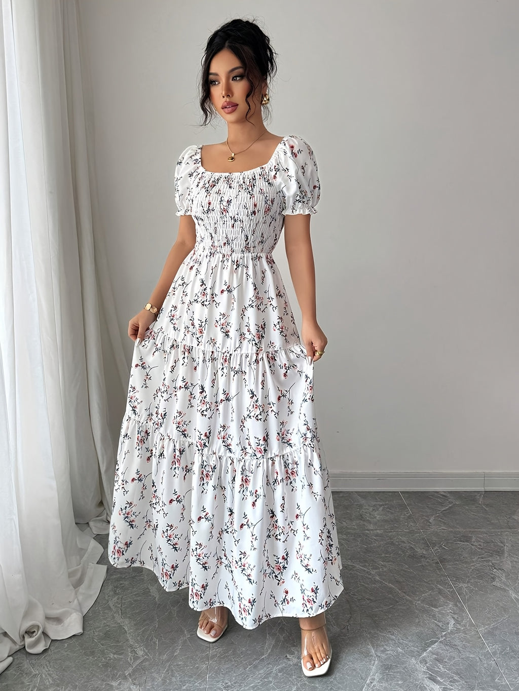 Elegant Floral A-Line Dress for Women - Short Sleeve, Ruffled Shoulder Detail, Tiered Ruffle Hem, Square Neck, Spring/Summer Collection, White with Pink Flowers, Polyester Fabric, Adult Size, Floral Dress - Pink Greenish