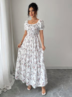 Elegant Floral A-Line Dress for Women - Short Sleeve, Ruffled Shoulder Detail, Tiered Ruffle Hem, Square Neck, Spring/Summer Collection, White with Pink Flowers, Polyester Fabric, Adult Size, Floral Dress - Pink Greenish
