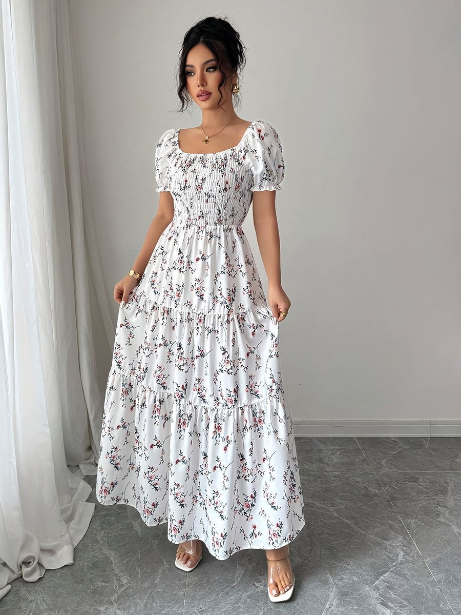 Elegant Floral A-Line Dress for Women - Short Sleeve, Ruffled Shoulder Detail, Tiered Ruffle Hem, Square Neck, Spring/Summer Collection, White with Pink Flowers, Polyester Fabric, Adult Size, Floral Dress - Pink Greenish