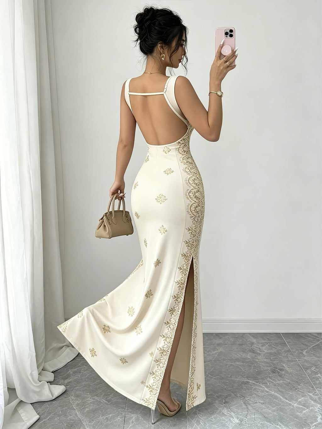 Women'S Dress Spring/Summer Retro Square Neck Printed Elegant Dress Bodycon Butt-Hugging Waist-Cinching Evening Party Long Dress - Apricot