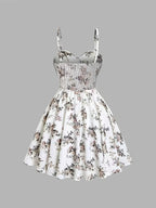 Summer Elegant Floral Print Waist-Cinching Strappy Mini Dress for Women - White & flower