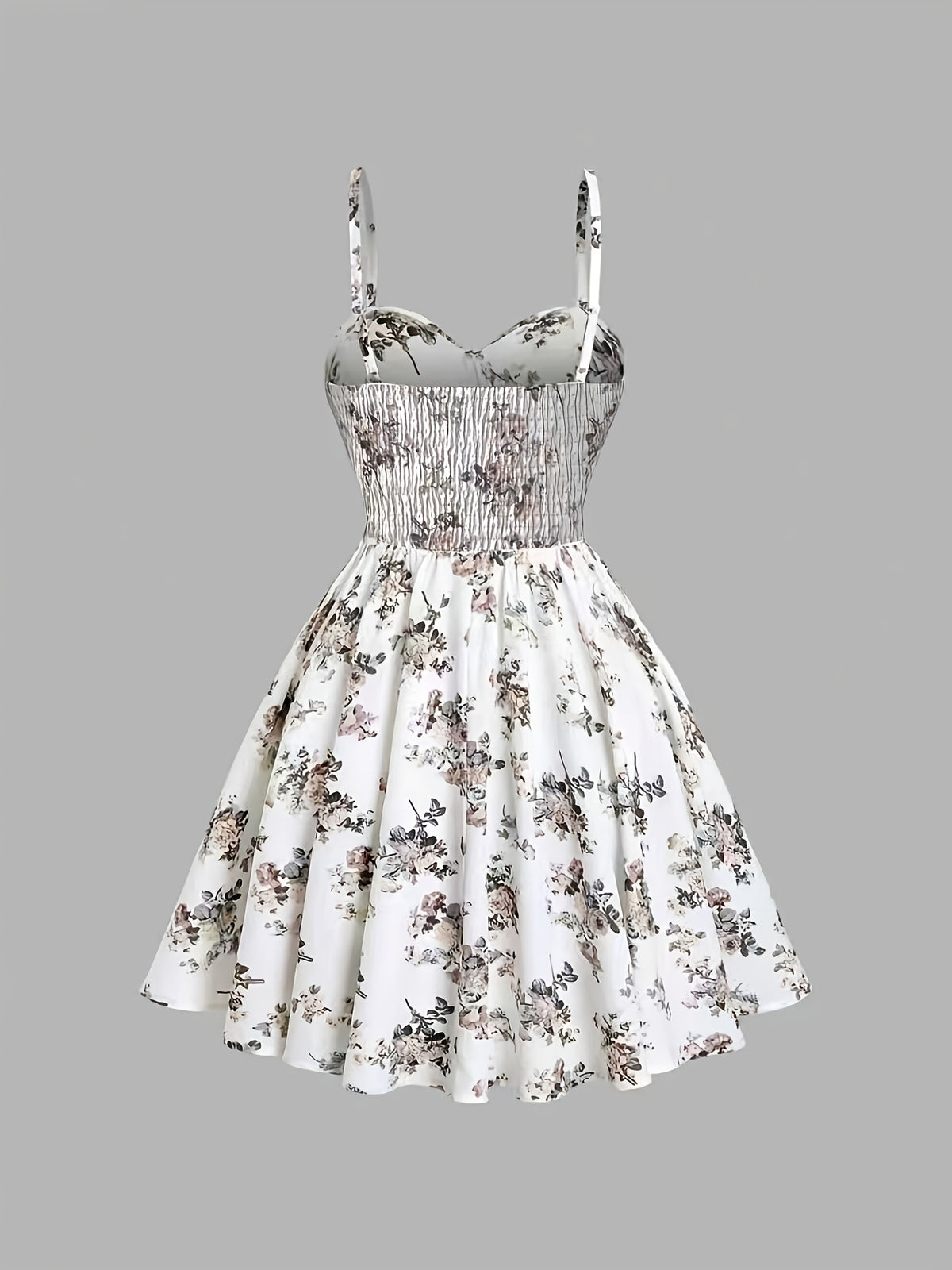 Summer Elegant Floral Print Waist-Cinching Strappy Mini Dress for Women - White & flower