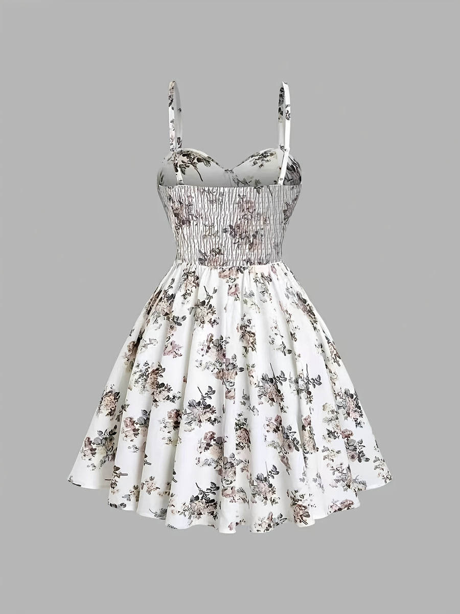 Summer Elegant Floral Print Waist-Cinching Strappy Mini Dress for Women - White & flower
