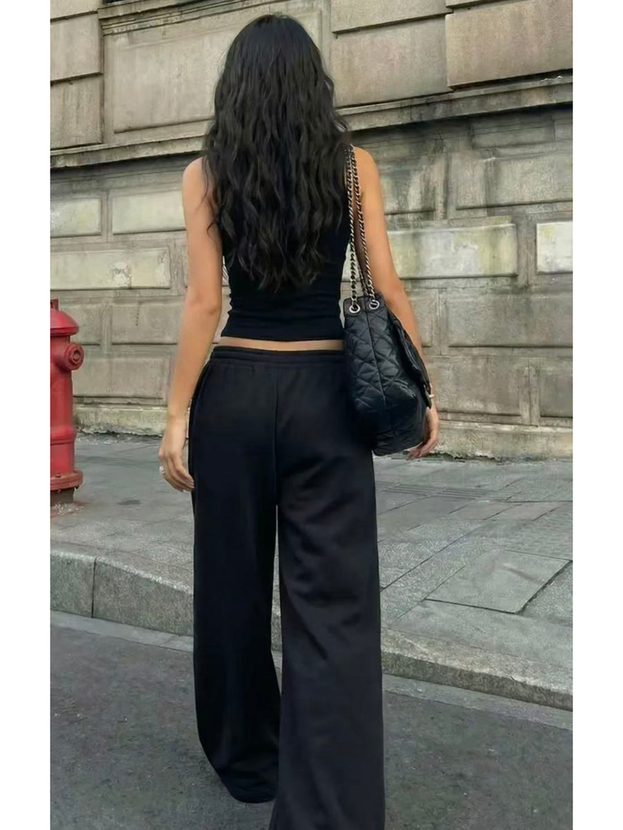 Ladies Black Sleeveless Short Vest Set Milano City Letter Print Top + High-Waisted Loose Pants European And American Hot Style Women'S Clothing - Black