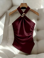 Women'S Solid Color Halter Slim Off-Shoulder Elegant Asymmetrical Hem Top, Side Waist Cinched Ruched Blouse, Metal Decor Button Design, Suitable for Dates, Gatherings, Commuting, Casual Fashion Versatile Premium Style - All-Season - Burgundy