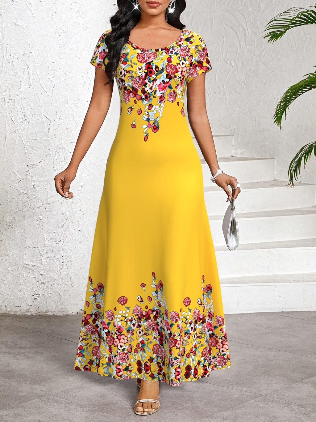 Elegant Short-Sleeved Long Dress for Women, Featuring a Round Neck And Made from Printed Fabric, Perfect for Home, Vacation, Or Commuting, with Soft And Breathable Material - Multicolor