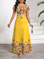 Elegant Short-Sleeved Long Dress for Women, Featuring a Round Neck And Made from Printed Fabric, Perfect for Home, Vacation, Or Commuting, with Soft And Breathable Material - Multicolor