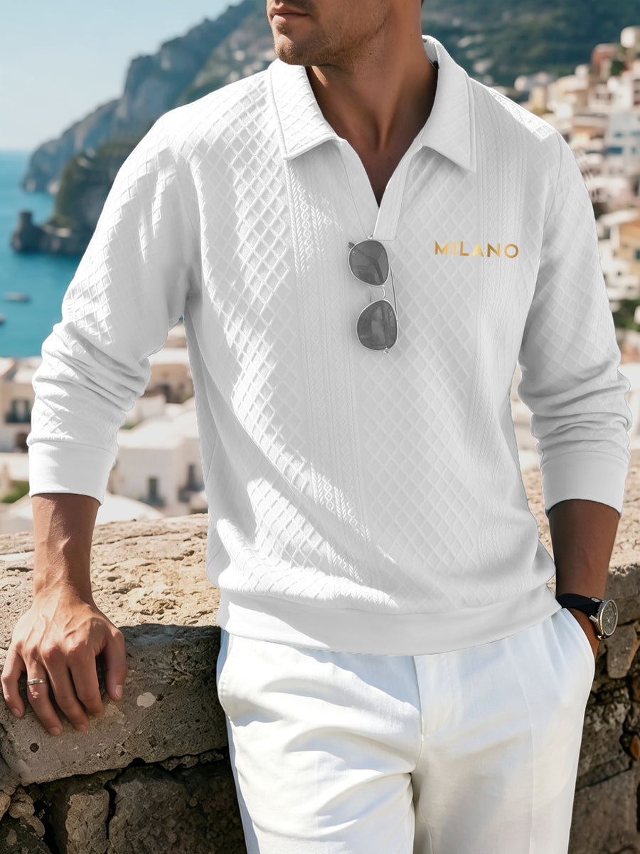 Men'S 3D Diamond Pattern Long Sleeve Polo Shirt, Retro Lapel Fit Casual Street Commute All-Match Pullover Top (Random Texture) - White