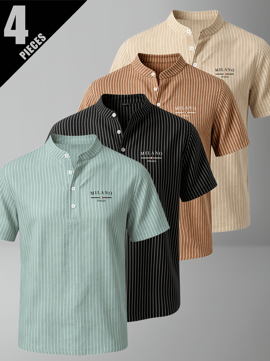 4pcs Men'S Summer Striped Linen Blend Henley Shirts, Milan Print Stand Collar Breathable Short Sleeve, Office Casual Versatile Top - Color Mixing 5