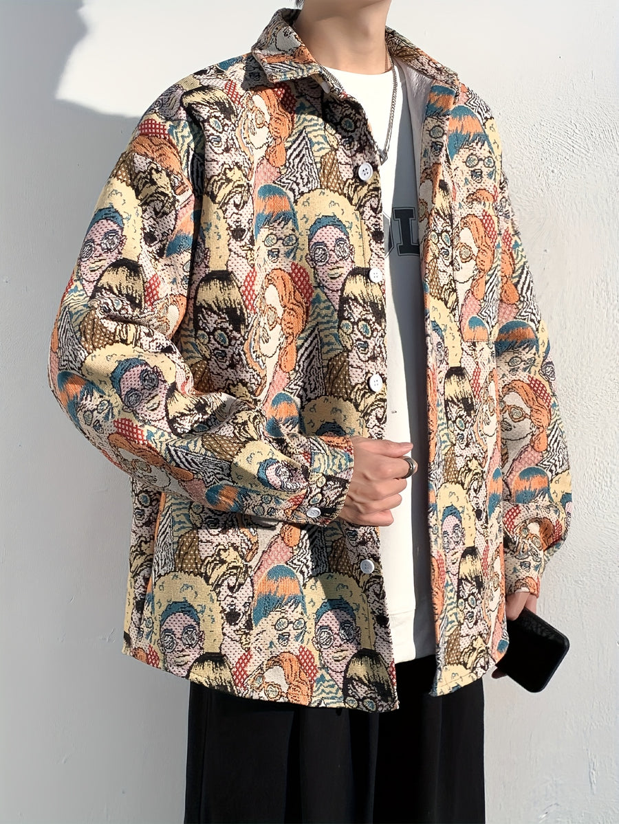 Men'S Sportswear Button-Up Shirt, a Stylish Casual Ethnic Long-Sleeve Shirt Jacket for Men, Made of Thick Composite Fabric, Featuring a Loose Fit, Perfect for Everyday Casual Wear - Yellow