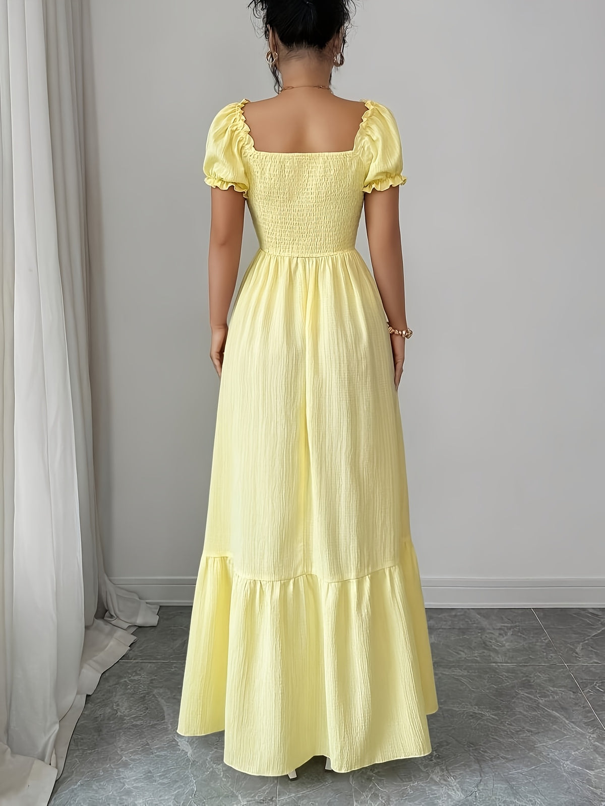 New Women'S Textured Pleated Fabric Puff Sleeve Tie-Back Open Back Waist-Cinching Dress, Slim Fit And, Elegant And Generous, Suitable for Vacation, Casual Dating, And Fashionable - Yellow