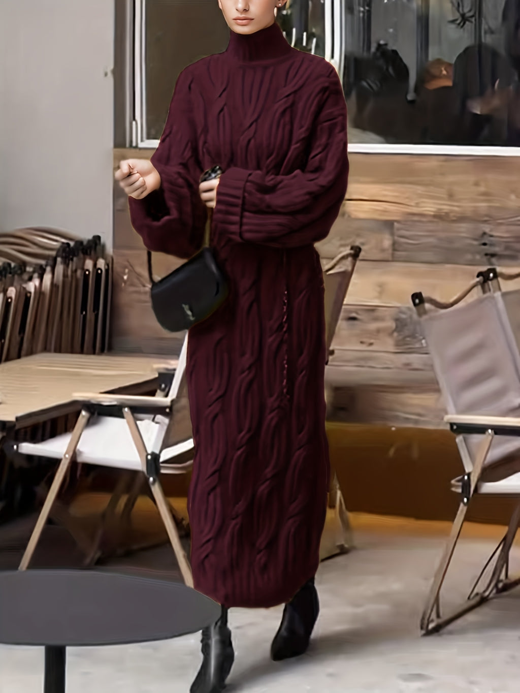 Women's Elegant Vintage Maxi Dress with High Neck & Twisted Rope Neckline - Loose A-Line H-Line Long Sleeve Dress for Fall/Winter Weddings, Parties, Special Occasions - Solid Color Dress in traditional fitting (No Padding/) - Burgundy