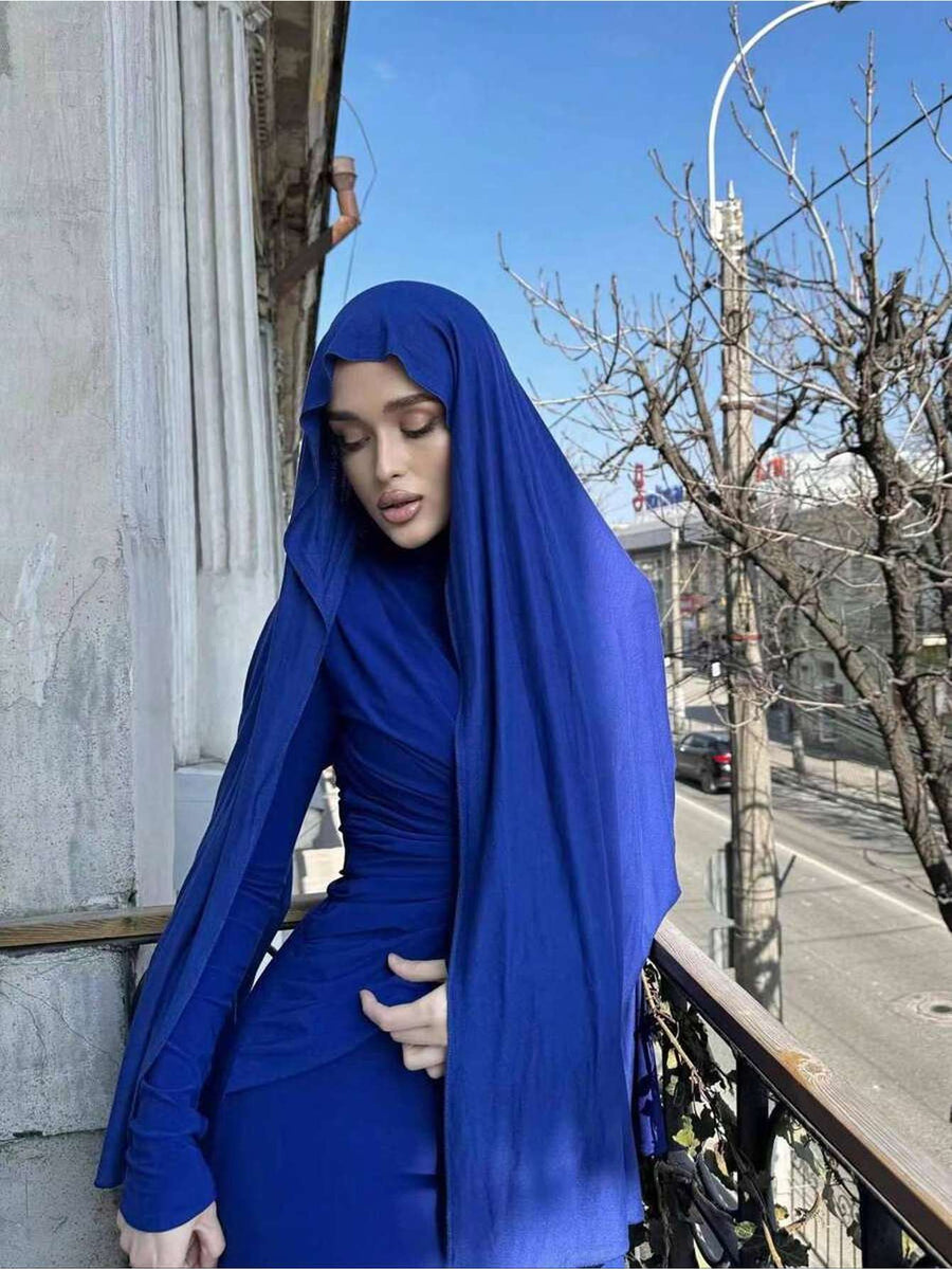 1pc Soft Solid Color Jersey, Plain Long Scarf, Headscarf - Blue
