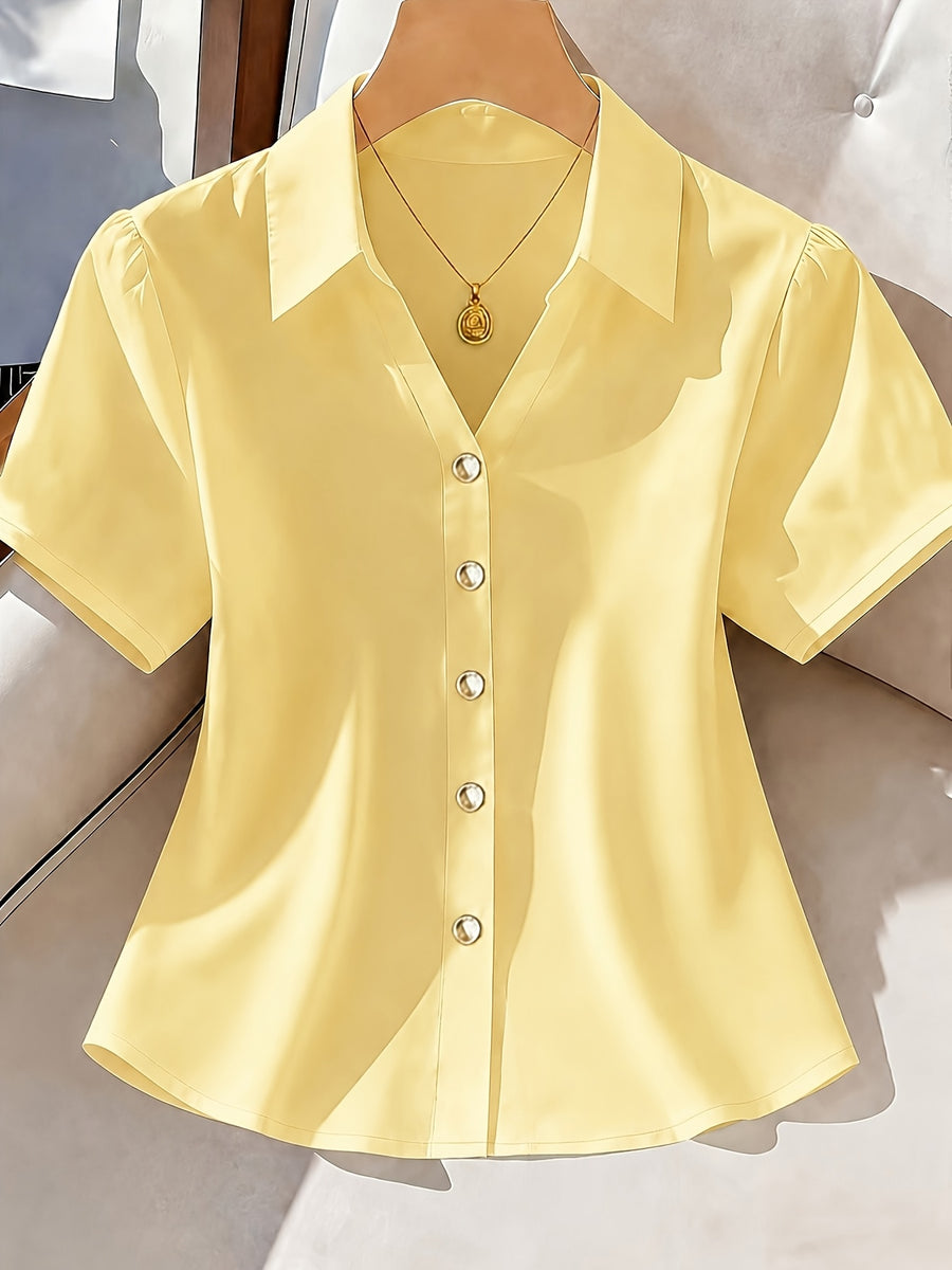 New Women's Top, Solid Color Short-Sleeve Casual Shirt for Women, Elegant and Casual Women's Blouse, Suitable for Commuting, Outings, and the Office - Yellow