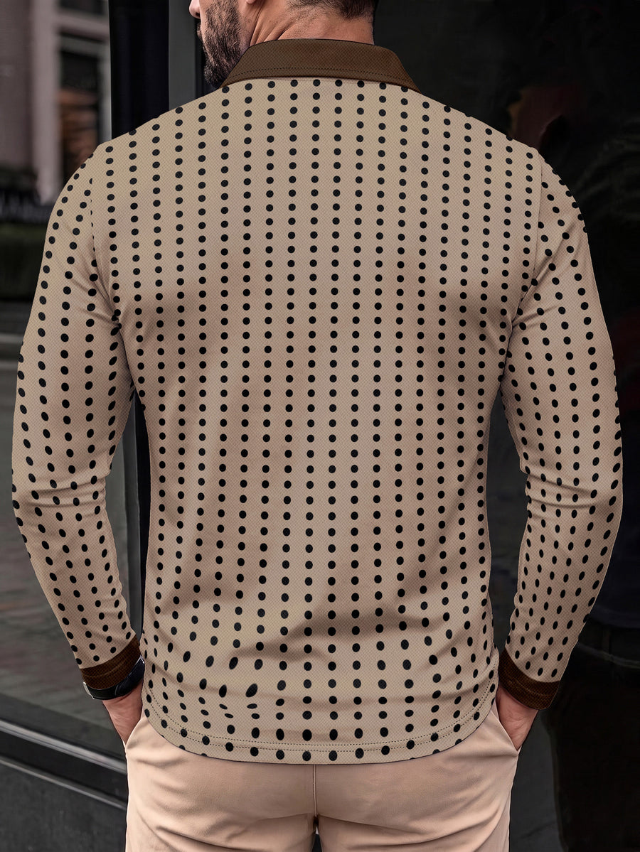 Men'S Retro Casual Long Sleeve Polo Shirt, Khaki Base with Black Polka Dots, Dark Brown Contrast Collar, Body with Brown Diagonal Stripes, Chest with White Totem Small Print, Collar with 2-Button Placket, Fitted Style - Mixed colors