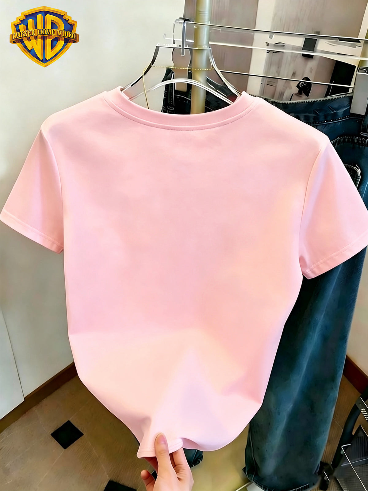 WB Women's Officially Licensed. Mouse & Hearts T-Shirt - Cute Mouse Sketch Short Sleeve Crew Neck Top with Double Heart Cuff Decorations, Casual Summer Suitable for Daily Commute, Home Wear, & Office Outfits - Pink