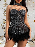 Women'S Sleeveless Halter Neck Sequin Beaded Mesh Semi-Sheer Bodycon Mini Dress, Sparkling Beaded And Hot-Stamped Design on Top, Artificial Feather Skirt Design, Suitable for Dates, Casual Wear, Nightclubs, Parties, Stage, Bachelorette Parties - Deep Grey