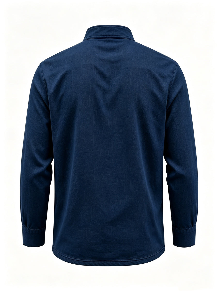 Men's Linen Long Sleeve Henley Shirt Stand Collar Loose Polo Shirt Men's Linen Zipper Casual Shirt - Navy Color