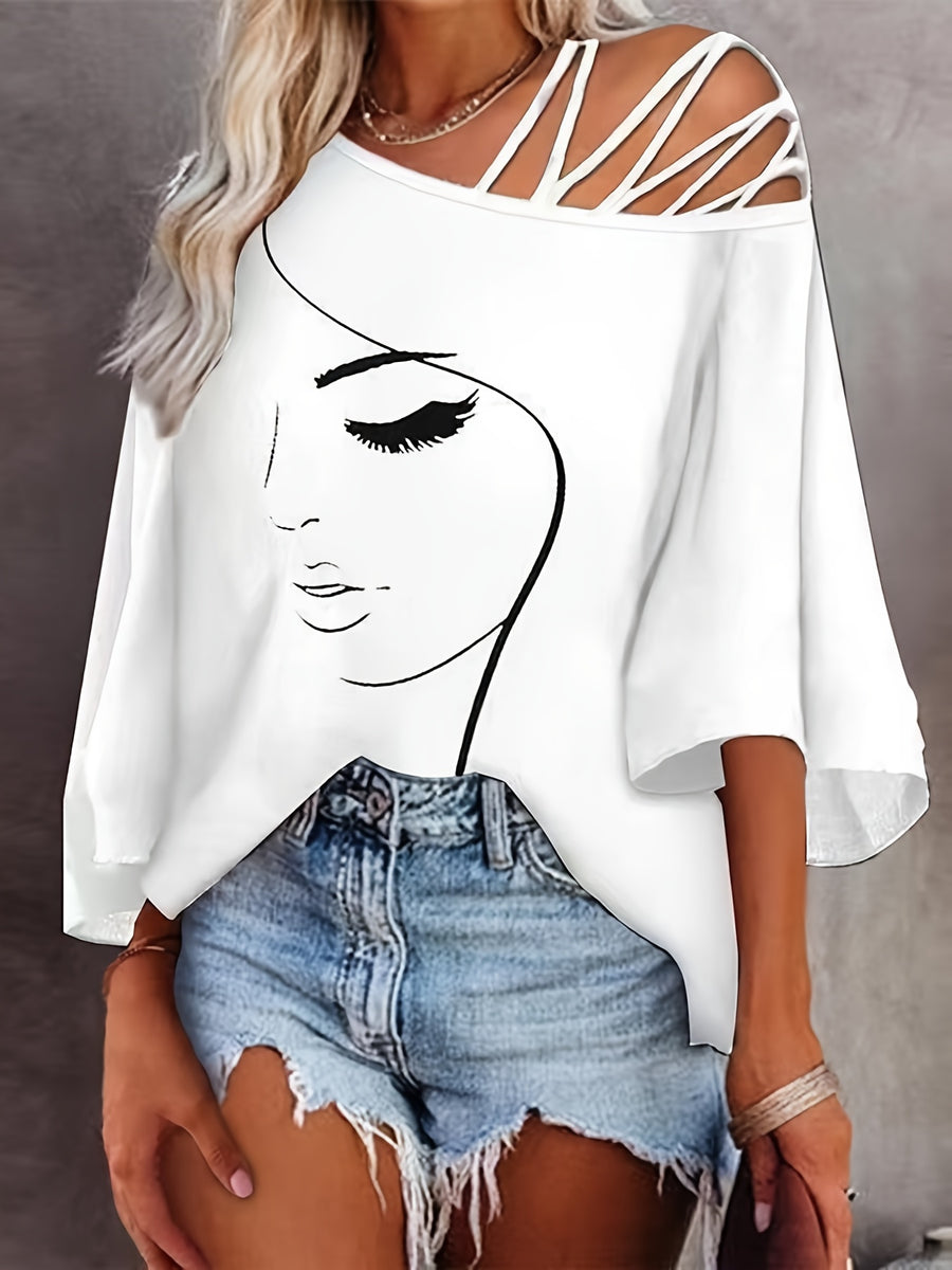 Unique Printed Off-Shoulder T-Shirt, Casual Summer Top for Women - White