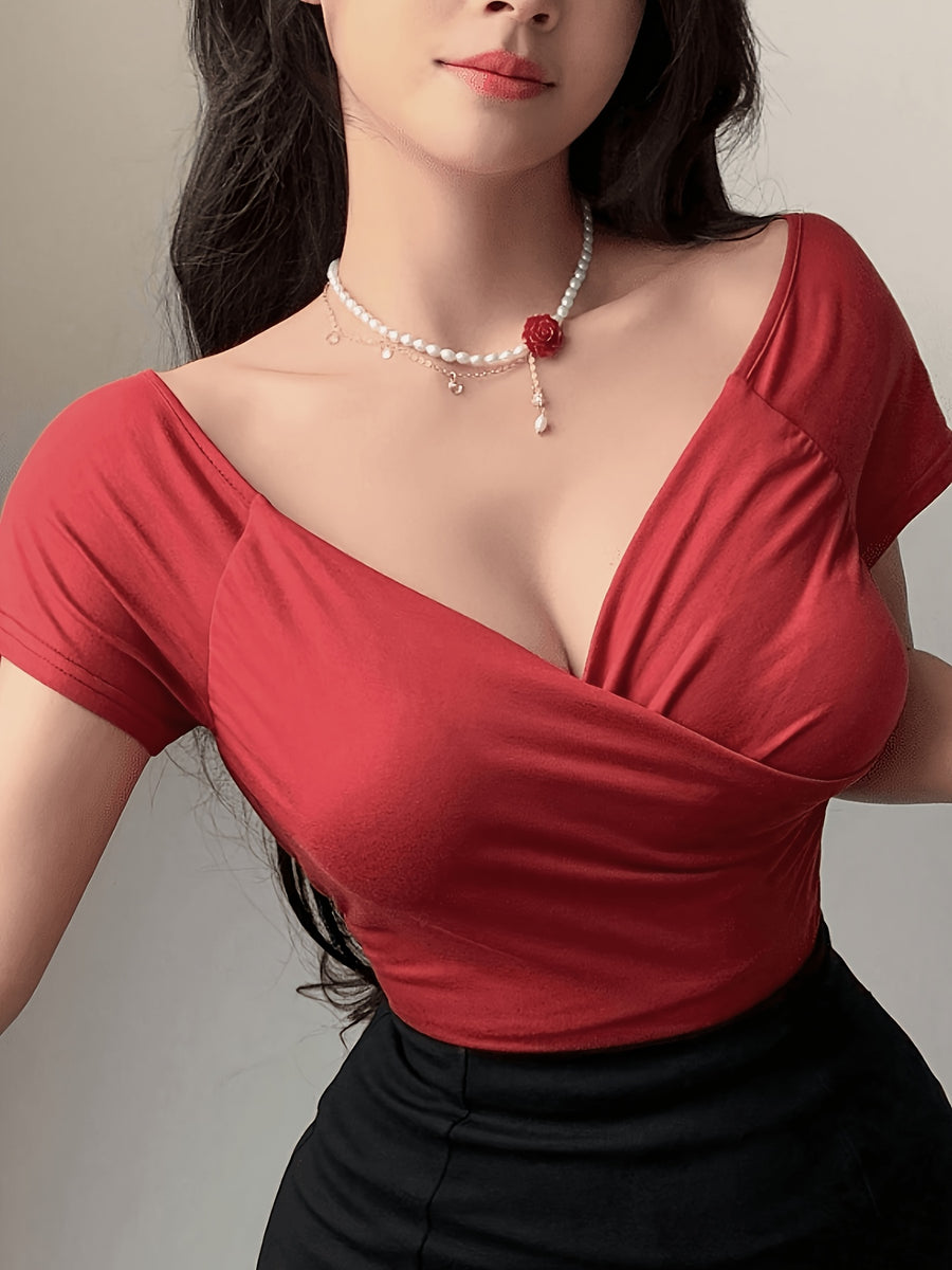 Front Deep V-crisscross Wrap, Back Off-the-shoulder Sleeveless Fitted Short-sleeve T-shirt - Watermelon Red