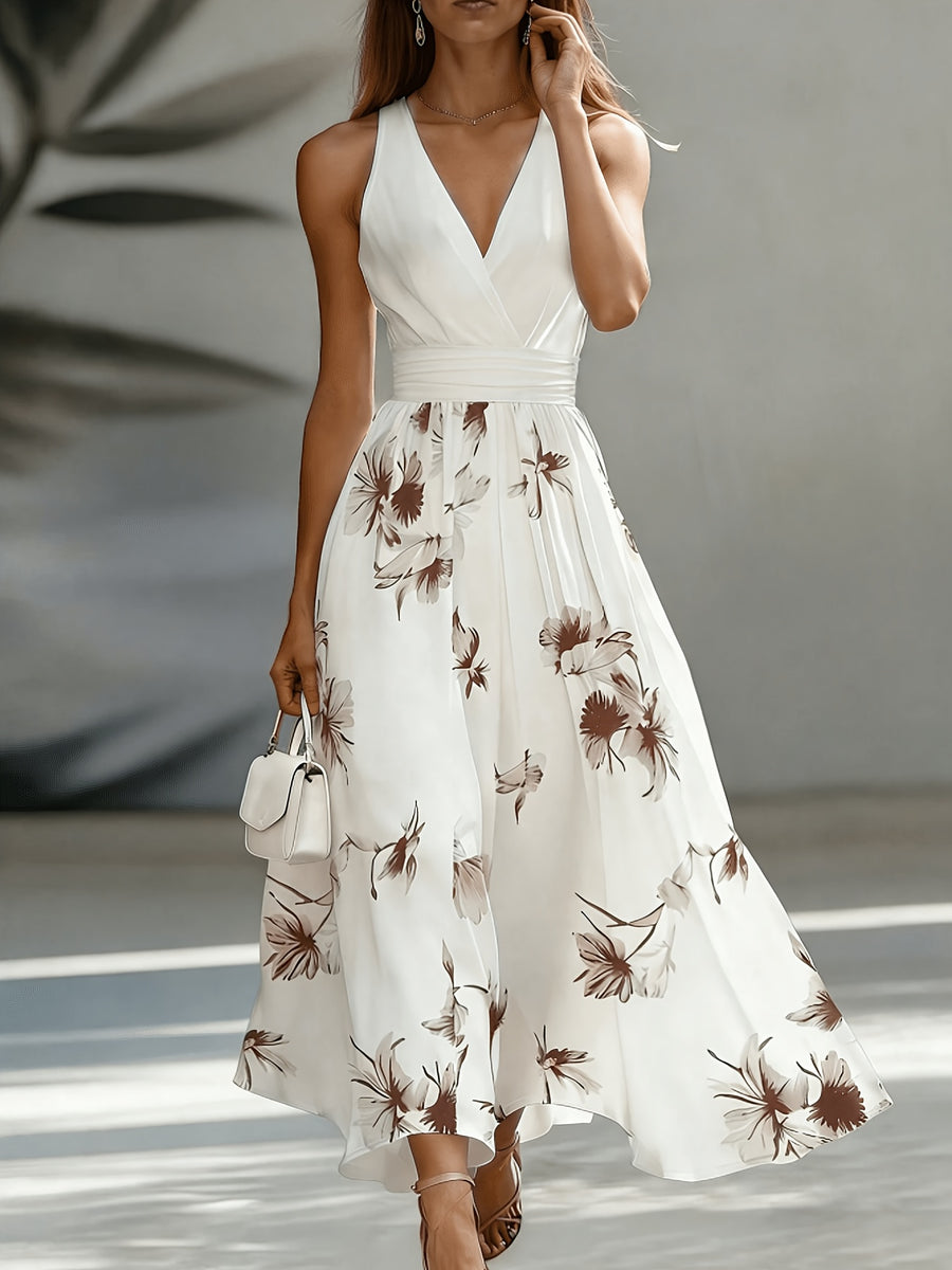 Women'S New V-Neck Backless Ruched Dress, Contrast Color Patchwork Floral Print Flared Long Dress, Fashionable Elegant Commute Vacation, Street Trendy, Date Party, Daily Wear Light Luxury Bridesmaid Dress Gown, Suitable for Spring Summer - Coffee Brown