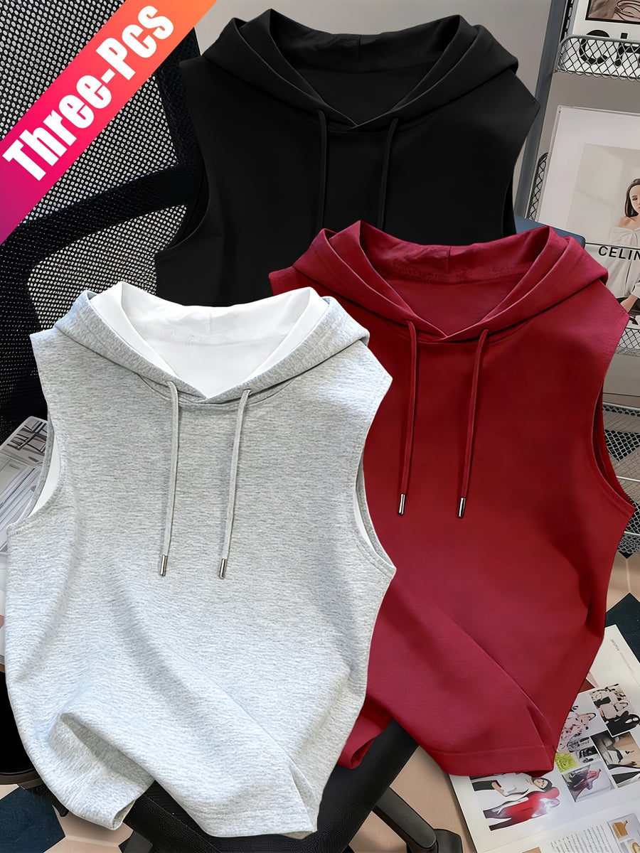 3pcs Men's Hooded Tank Tops - Korean Style Sleeveless Vests, Loose Fit Slimming Athletic Shirts Suitable for Summer Gym, Layering Base Layers, Machine Washable Solid Color Tops, Multi-Color Options for Casual & Outdoor Wear - Gray+red+black