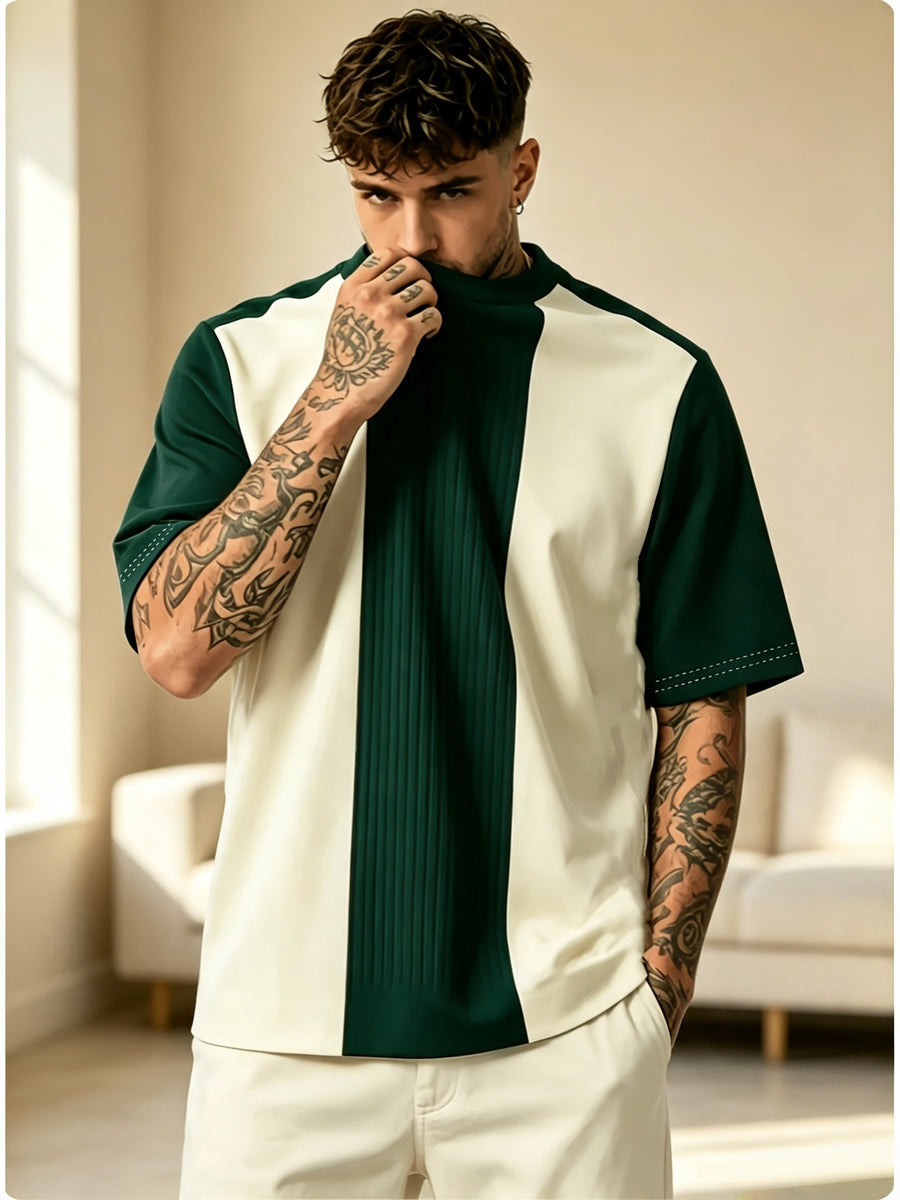 [Printed Design – Not Texture] New Trendy Fashion Men's T-shirt, Men's Color-block Spliced Half-turtleneck Short-sleeve T-shirt in Dark Green with White Vertical Stripe Textured Print, Round-neck Top, Light-mature Style Casual T-shirt, a Perfect Gift - Mixed colors