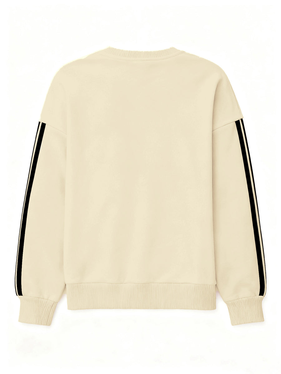 Comfortable and Versatile Women's Clothing, Casual Long-Sleeve Crewneck Sweatshirt with Fun Printed Patterns and Double Stripes, for Women - Apricot