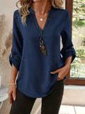 Women's V-neck Loose Fit Casual Spring/Autumn Long Sleeve Solid Color Shirt, Drop Shoulder Sleeves, Fashionable Vintage Simple Versatile Women's Clothing - Navy Color