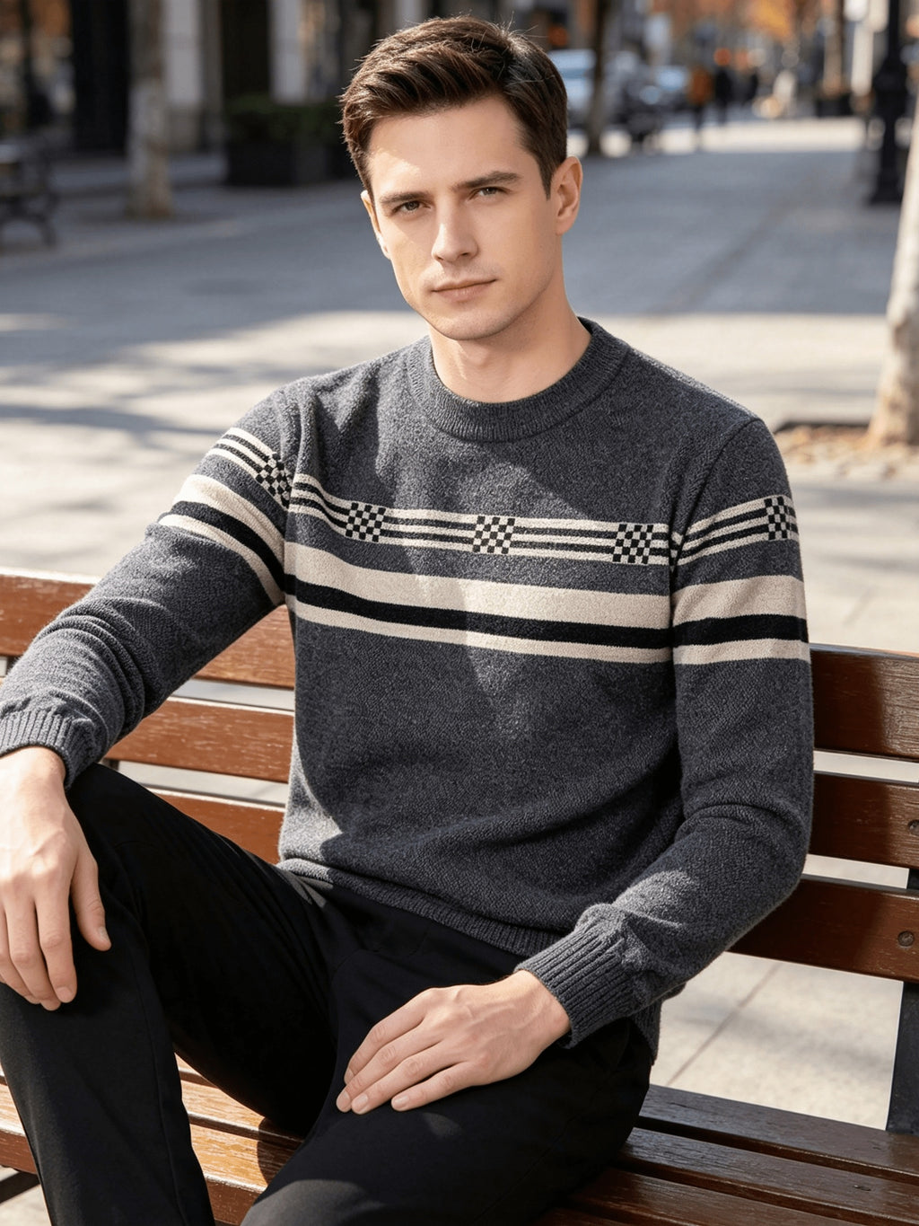 New Winter Men's Sweater, Thickened and Fleece-Lined for Extra Warmth, All-Over Fleece with Stylish Pattern, Pullover Top, Comfortable and Versatile Men's Apparel - Grey