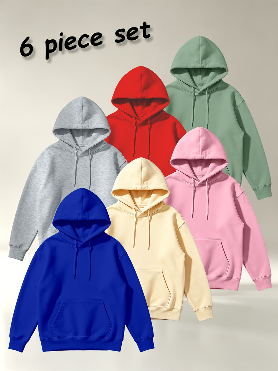 [Villa Joy Water OBM] 6pcs Set Solid Color Basic Hooded Sweatshirt Set Unisex Multi-Color Loose Pullover with Kangaroo Pocket Basic Style Autumn Winter Hoodie Combination - Royal Blue + Apricot + Pink + Light Gray + Red + Light Green