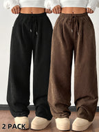 2-Pack Corduroy Wide-Leg Pants for Women, High-Waisted Drawstring Casual Pants with Drape, Black and Brown, Two Pairs NS702 - Dark Brown+Black