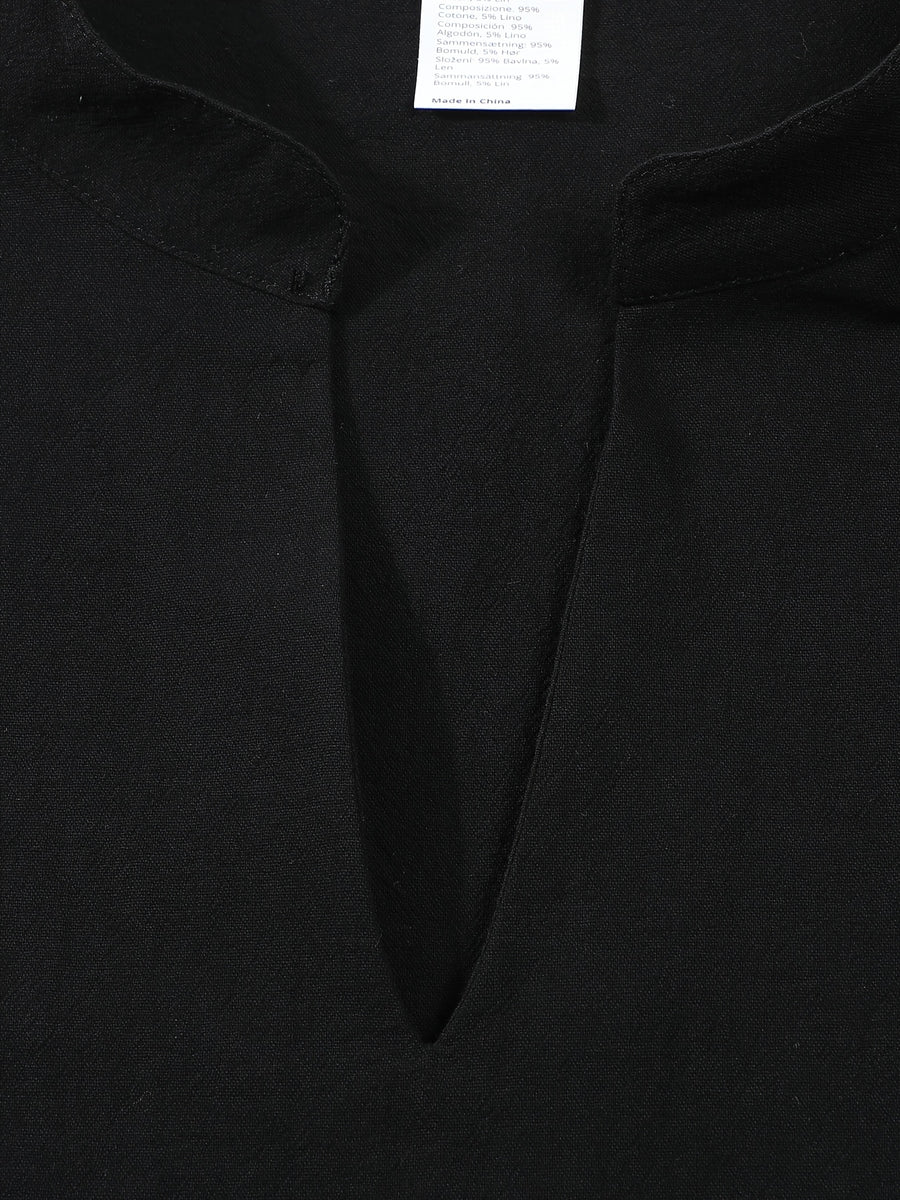 Men'S Stand Collar Short V-Neck Top, Lightweight Comfortable Solid Color Casual Shirt, Commute Easy Single Piece T-Shirt - Black
