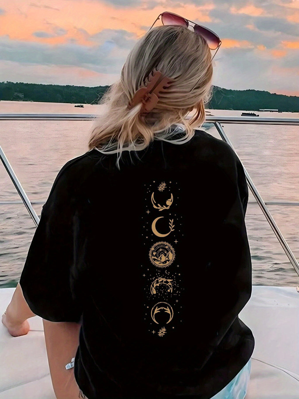 Women's Casual Short-Sleeve Top with Front and Back Floral Crescent Moon Print, Round Neck - Women's Apparel, Comfortable Fit, Classic Design - Black