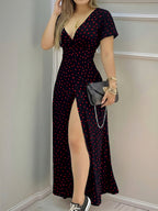 2026 Summer New Bohemian V-Neck Polka Dot Dress Women'S Short-Sleeved Waist-Cinching Slit Vacation Party Outing Long Dress, Casual Elegant Chic Fashion Ladies Dress - Mixed colors