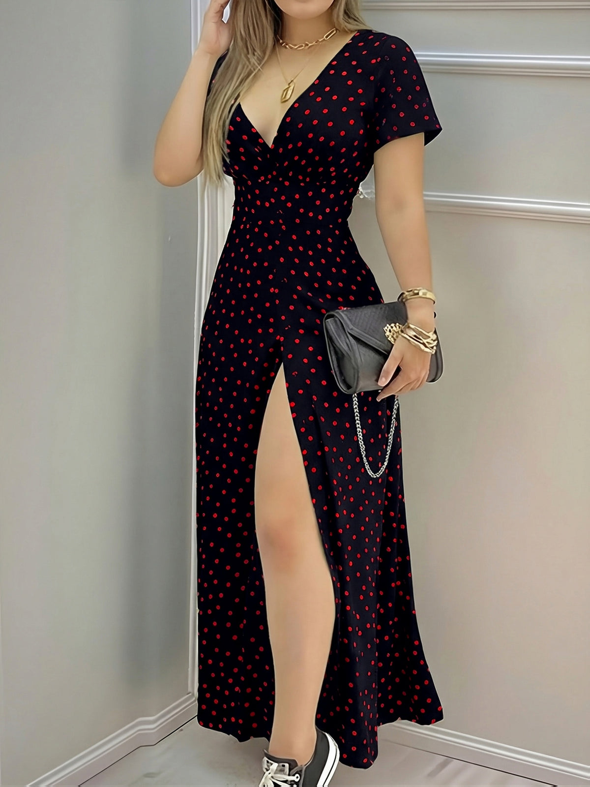 2026 Summer New Bohemian V-Neck Polka Dot Dress Women'S Short-Sleeved Waist-Cinching Slit Vacation Party Outing Long Dress, Casual Elegant Chic Fashion Ladies Dress - Mixed colors