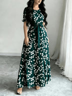 Women'S Printed Round Neck Casual Waist Dress - Green
