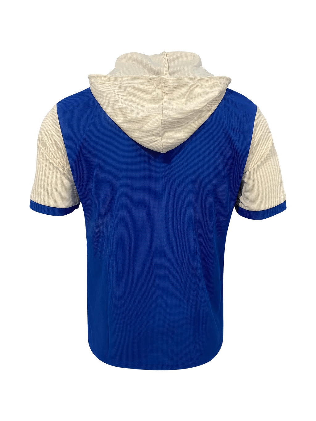European and American Trendy Men's Color-Block Short Sleeve Hooded Waffle Knit Pullover Casual Fashion Sportswear Top - Khaki+Blue