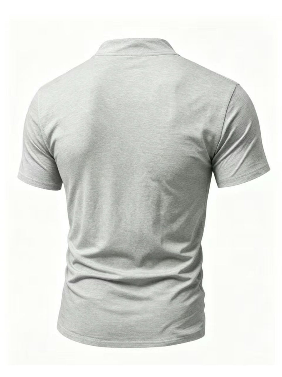 Men'S Henley Collar Cross-Strap Short Sleeve T-Shirt, Subtle Golden Stag Head Print, Delicate Skin-Friendly Fabric, Comfortable And Breathable Non-Tight Fit, Sophisticated Detail for Mature Style, Farewell to Dullness And Enhanced Premium Look - Light Grey