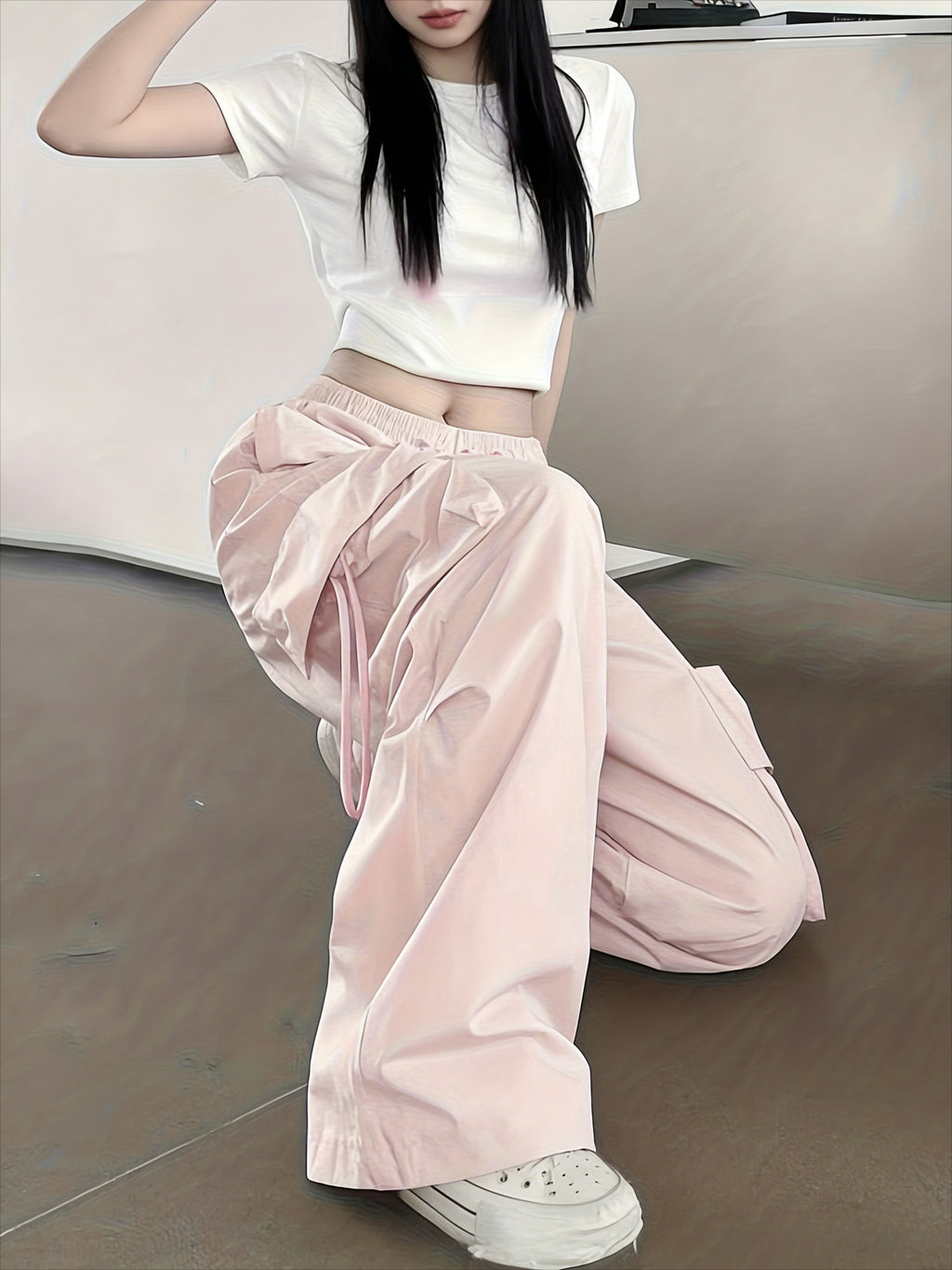 Wide-Leg Cargo Pants for Men and Women, Loose Retro Casual Paper Bag Trousers - Pink Color