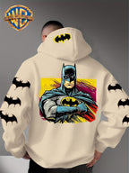Men'S Hooded Sweatshirt, Batman Classic Image Print, Large Heroic Pattern on Back, Multiple Bat Logos on Sleeves, Exclusive Bat Emblem on Back of Hood, Trendy Street Style Design, Rich Details with Strong Visual Impact - Apricot