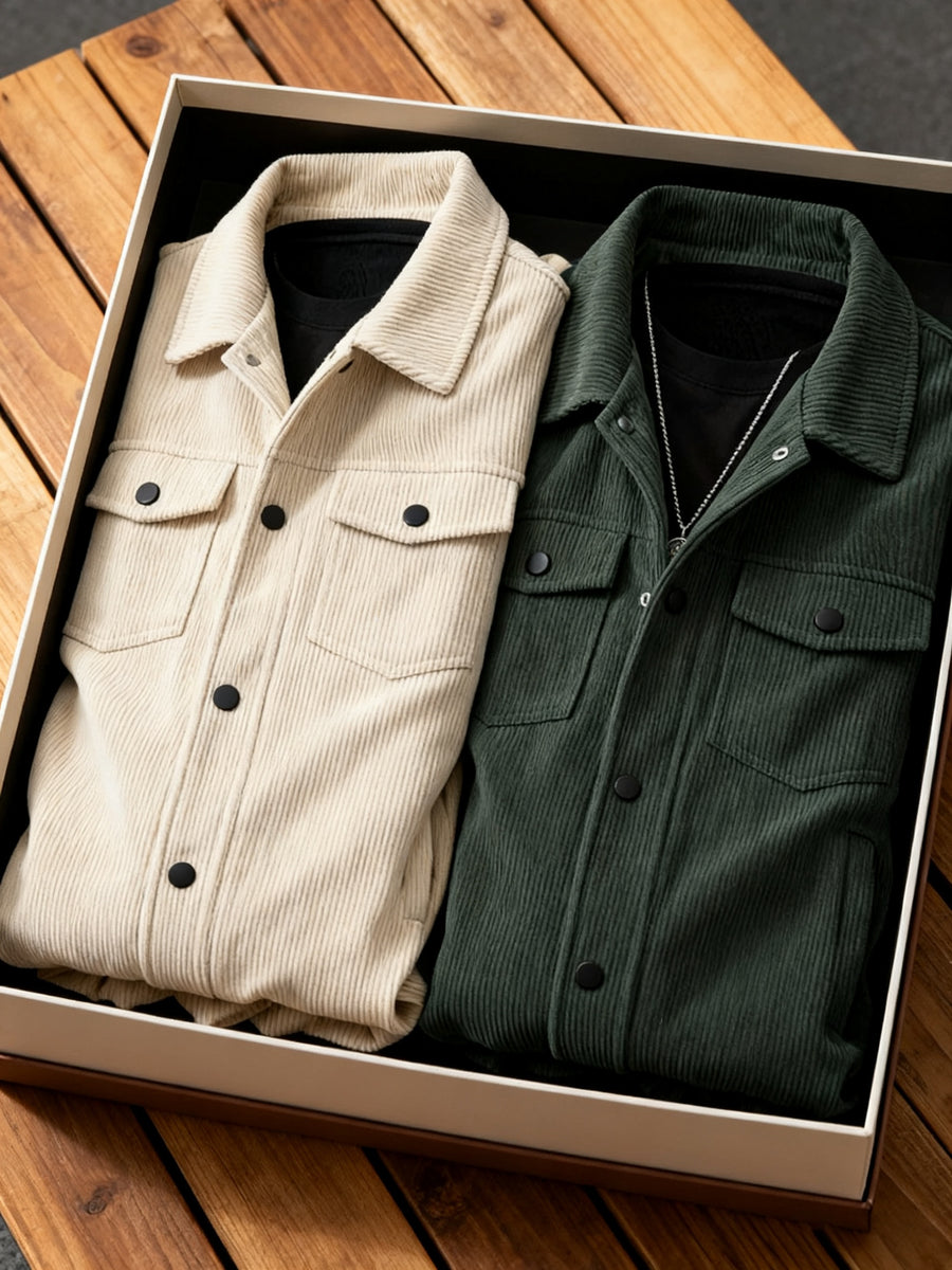2pcs Men'S Corduroy Jacket Outerwear, Autumn Winter Warm Lapel Jacket, Multi-Pockets Top, Suitable for Casual Wear, Gift Option (2pcs Set, No Box) - Apricot + Green