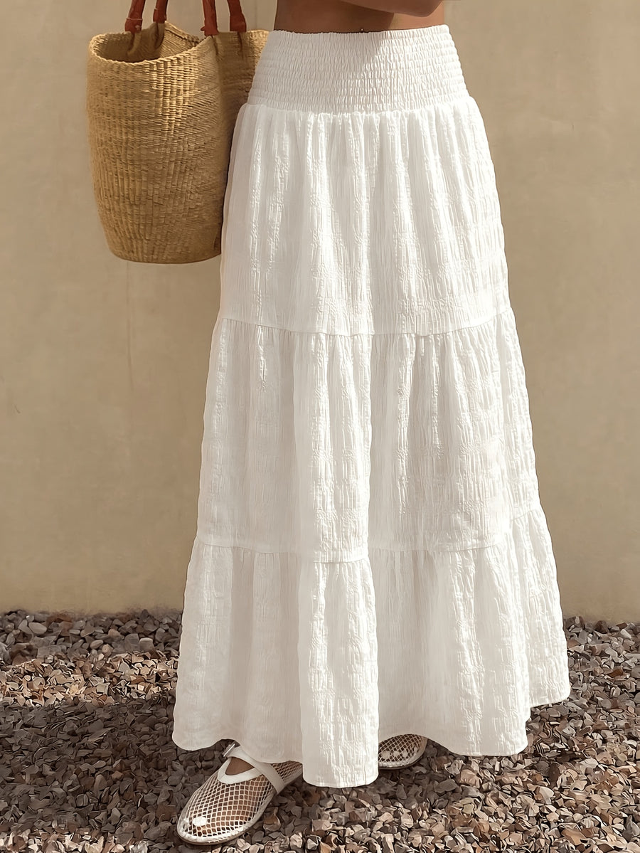 Women'S Solid Texture Fabric High-Waist Long Skirt, Suitable for Beach/Vacation, Spring Summer Bohemian Style Long Dress - White