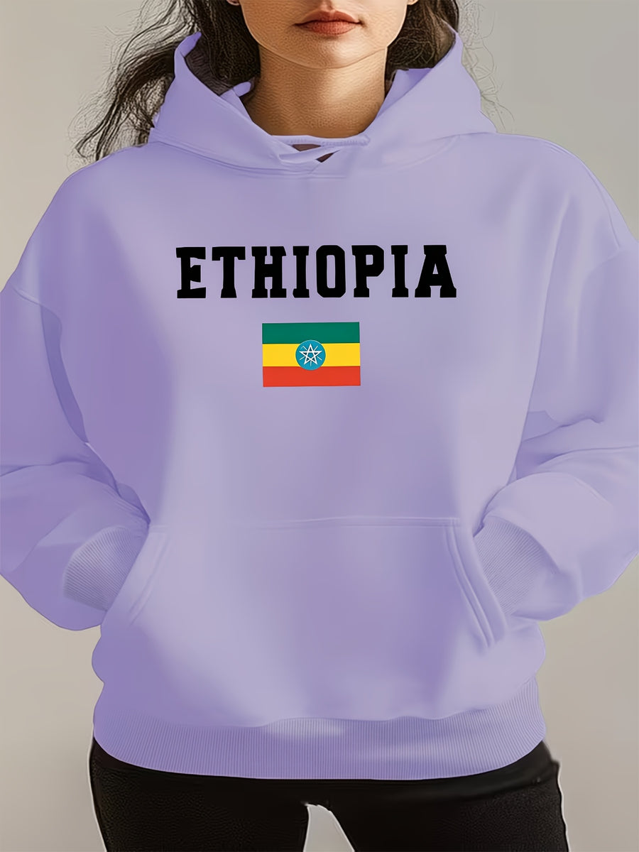 ETHIOPIA Lettering And Ethiopian Flag Pattern Autumn Winter Fashion Fleece Hooded Sweatshirt Women'S Printed Casual Elegant Women'S Clothing Cute Top - Purple