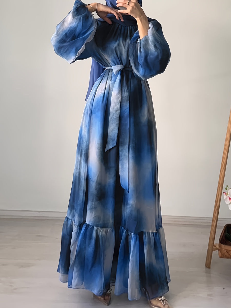 Women's Casual Elegant Middle Eastern-Inspired Tie-Dye Long Sleeve Dress with Waist Belt - Machine Washable All-Season Comfort for Gatherings, Vacations & Daily Wear - Blue