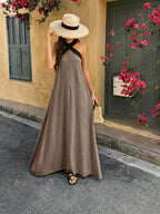 Elegant and Fashionable Women's Faux - Long Maxi Dress with Contrasting Colorblocking and A-line Hem, Featuring Crisscross Spaghetti Straps. Comfortable for Casual Outings, Vacations, Dates, and Romantic Beachwear, This Off-shoulder and Backless - Gray Coffee